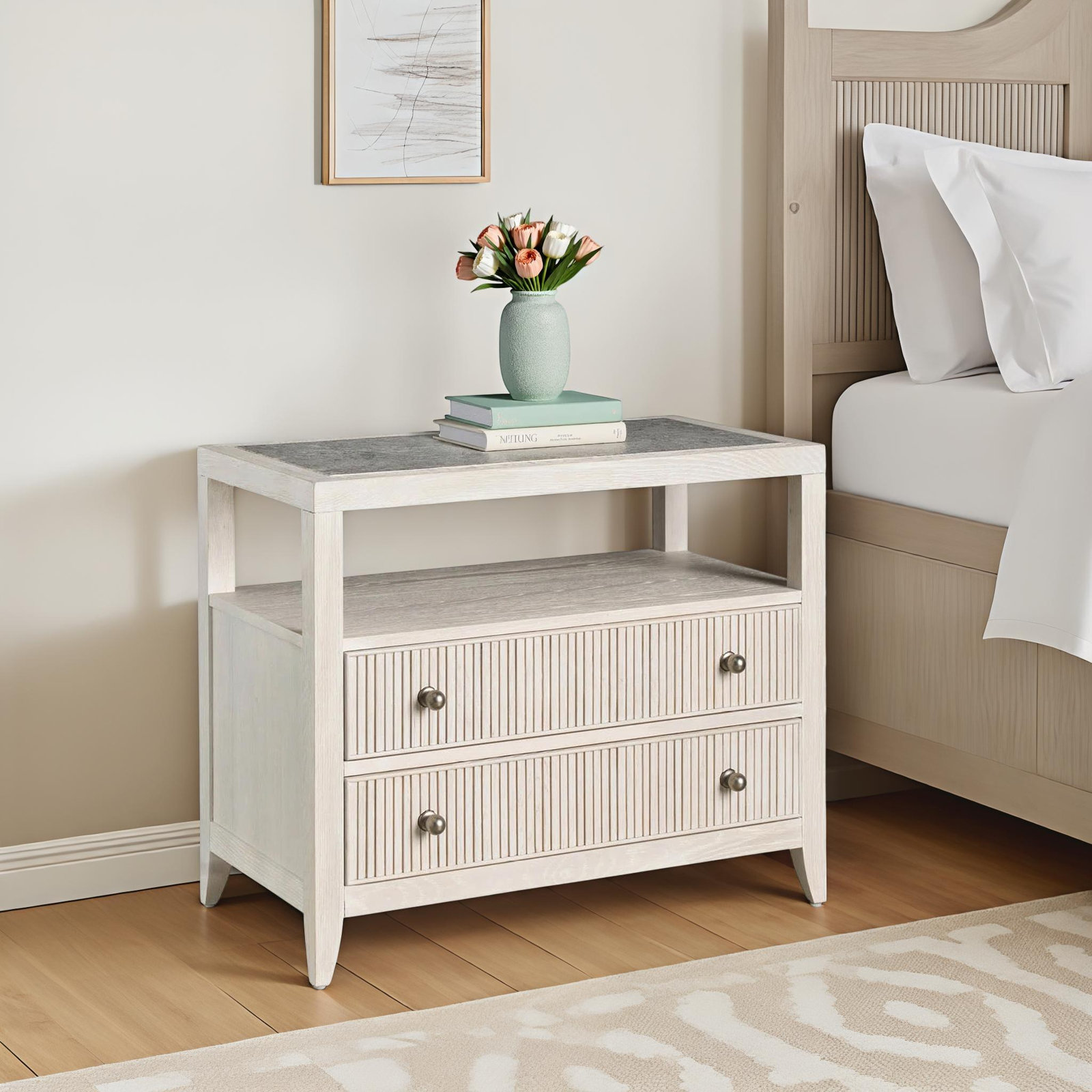 Caterina 2-Drawer Oak Nightstand, White Oak