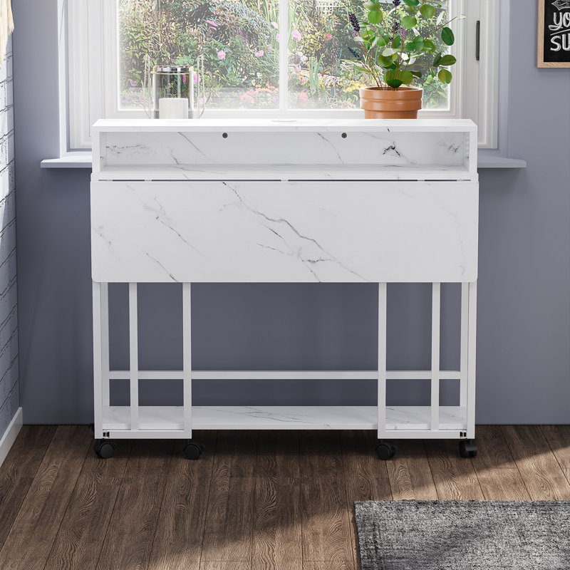 Mobile Foldable Computer Desk, White Marbling/White