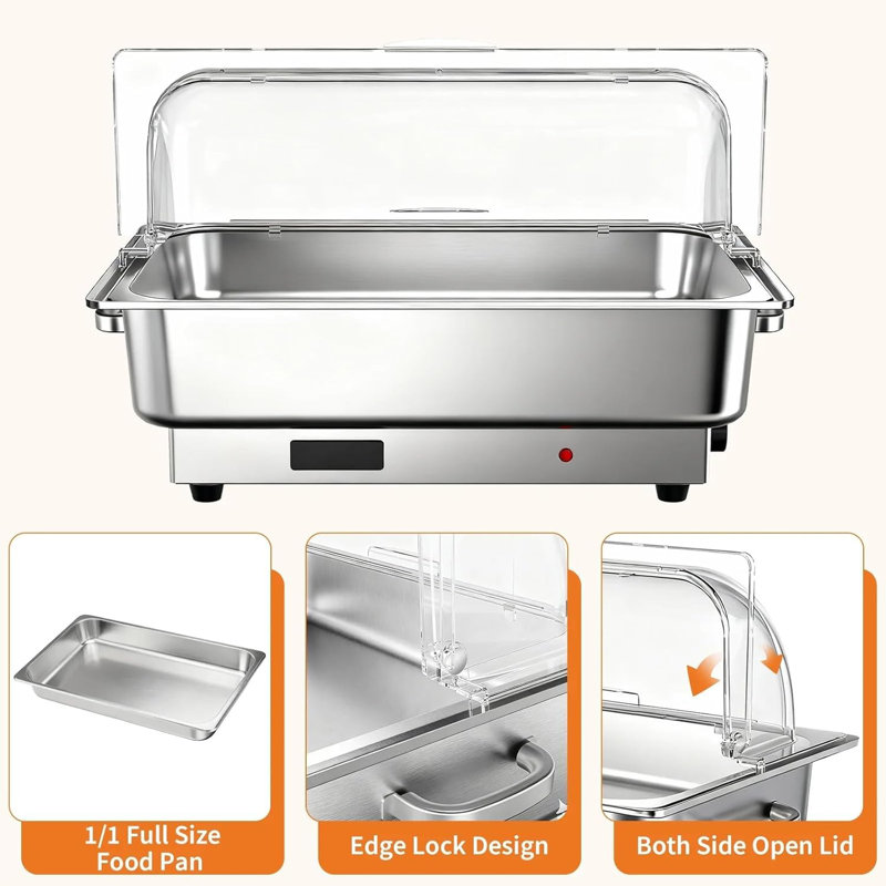 Buffet électrique 9QT et chauffe-plats - réchaud à température réglable en acier inoxydable de 400 W, couvercle transparent transparent pour PC, base en aluminium de 0,7 po d'épaisseur, plateau indépendant pour assiettes alimentaires 1/1/1