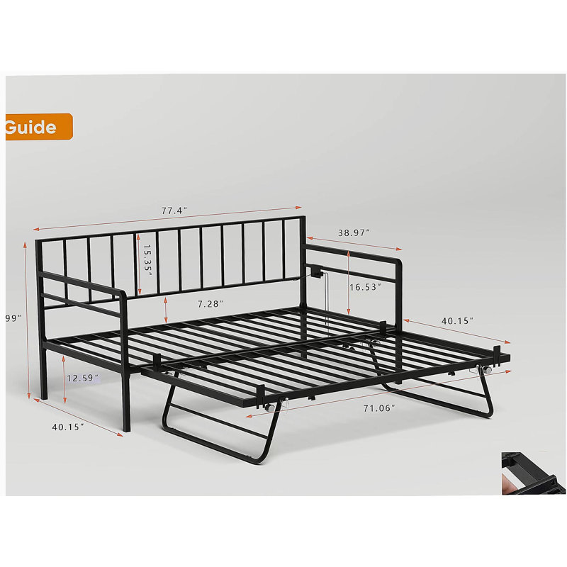 Lit de jour simple avec lumières à DEL RVB et station de charge, cadre de lit de jour réglable en hauteur avec lit gigogne, cadre de canapé-lit en métal polyvalent pour chambre à coucher, salon, chambre d'amis, noir