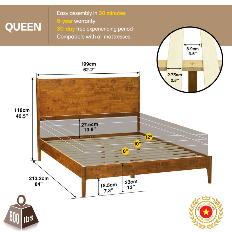 Haven Queen Solid Wood Bed Frame with Headboard, Caramel Finish Scandinavian Platform Bed All Mattress Support, 800 lbs Capacity, Noise-Free & Non-Slip Design