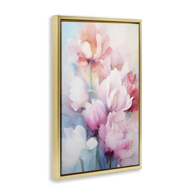 «Soft Tulip Blossoms» par Gina Kelly, H 25 po x l 17 po, Cadre flottant métallique doré