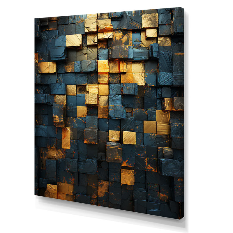 Grunge cubes dorés abstrait géométrique V - art mural abstrait, Toile tendue, H 20 po x l 12 po x P 1 po