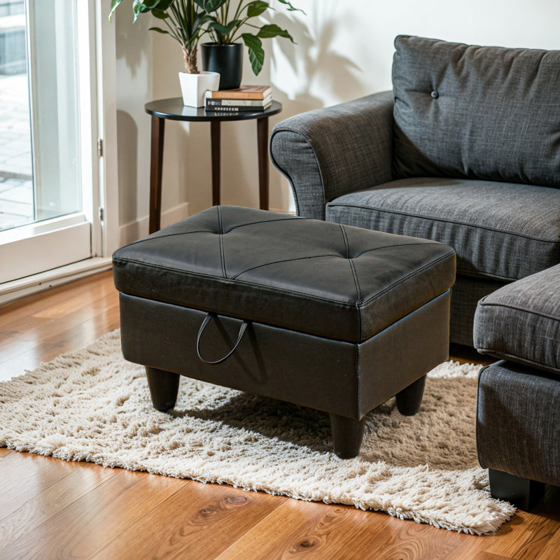 Keevha 28.5''Wide Rectangle Solid Colour Storage Ottoman, Black Faux Leather