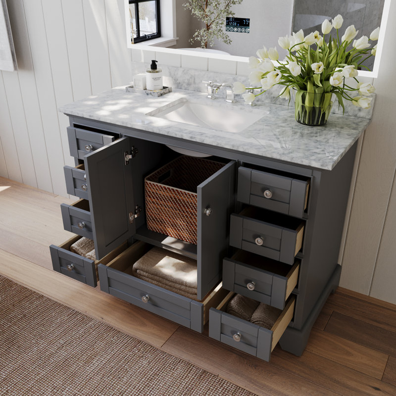 Audrey 48'' W Single Vanity, Sapphire Gray/Brushed Nickel, Carrara White Marble