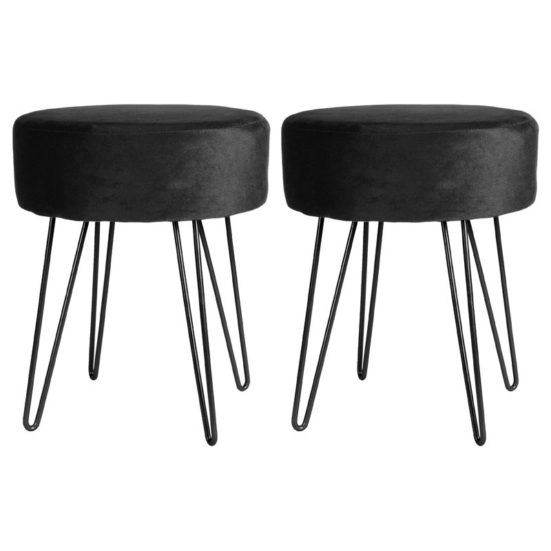 Harbour Housewares Round Velvet Footstools - Pack of 2, Black, Black