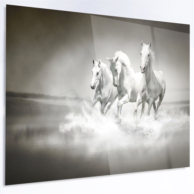 «Chevaux qui courent à travers l'eau», reproduction de cheval sur bois, H 23 po x l 23 po x P 1 po, Métal