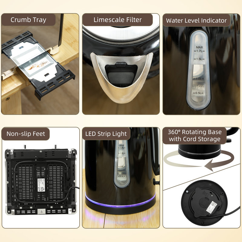 HOMCOM 4 Slice Wide Slot Toaster and 1.7L Rapid Boil Kettle Set, Black