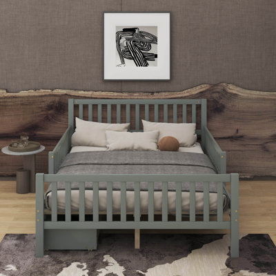 Wood Platform Bed With Guardrails And Drawers