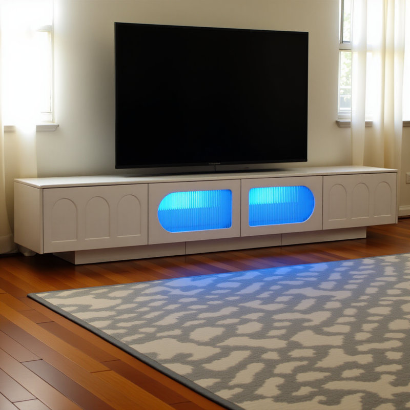 Tv Stand With Fluted Tempered Glass Doors For Tvs Up To 95'', Functional Media Console With Arched Cabinet Doors, Entertainment Center With App-Controlled Led Light For Living Room, White