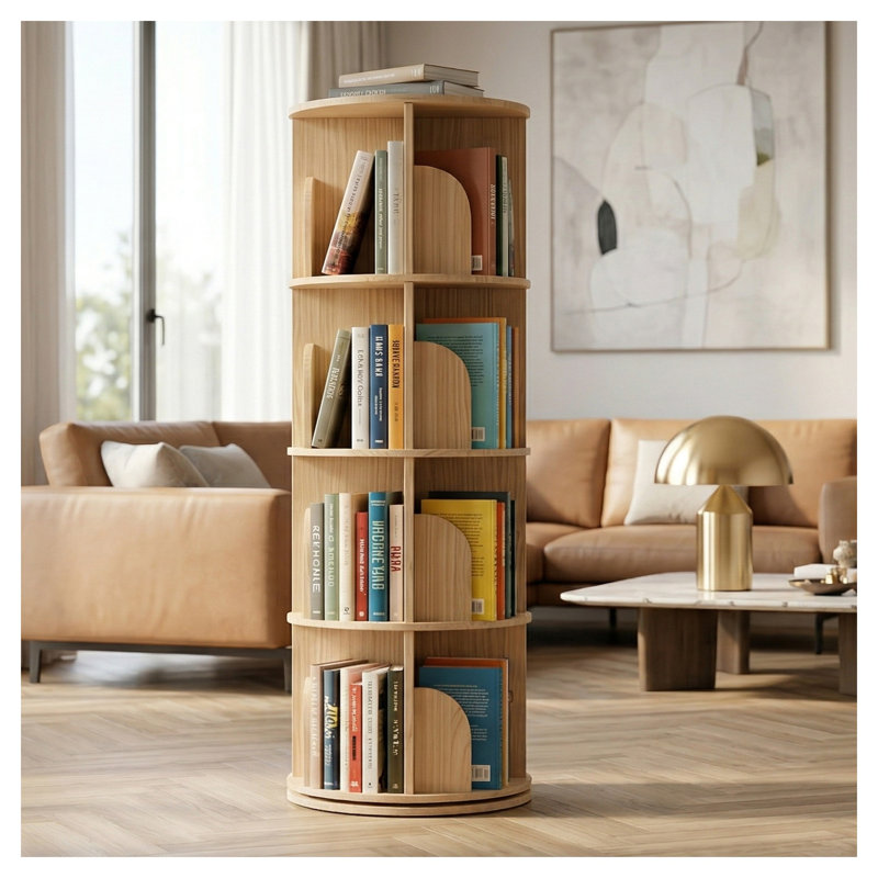 Bibliothèque rotative à 4 niveaux, tour de rangement ronde en bois robuste