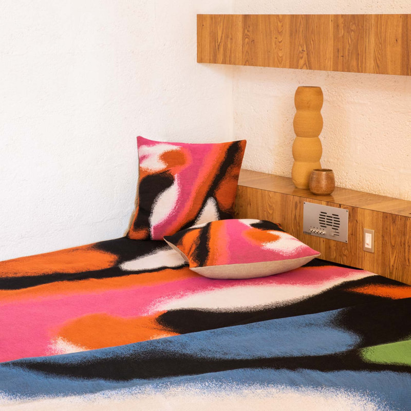 Hand Woven Throw Blanket, Pink/Orange/Black/White