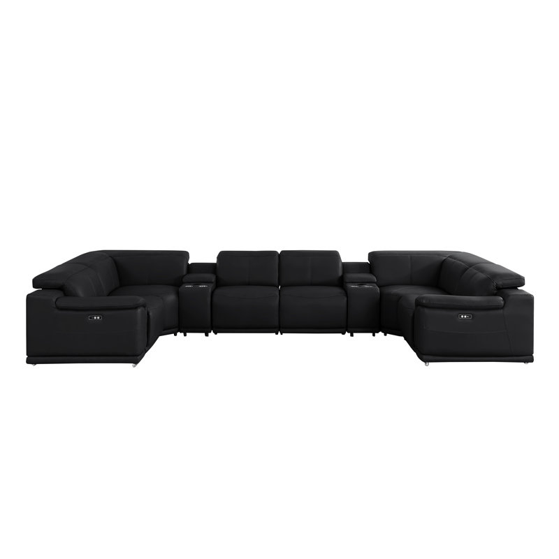 8-Piece U-Shaped Power Reclining Sectional In Genuine Leather – 2 Recliners, Black Top Grain Leather