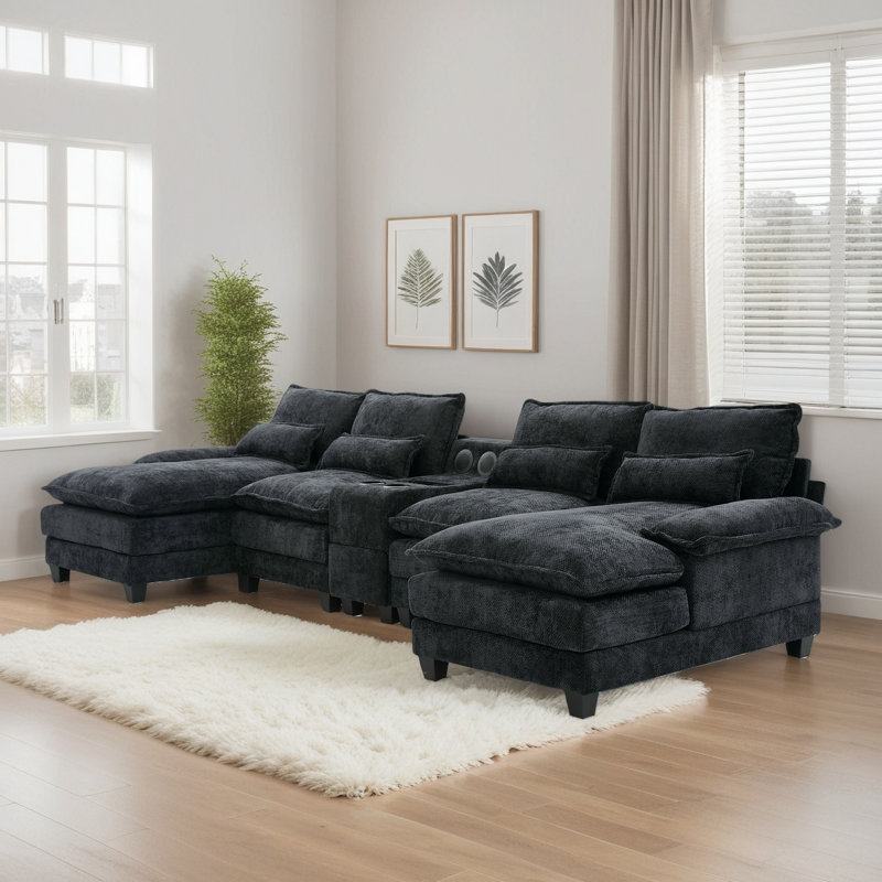 126‘’W U Shaped Cloud Couch Sectional Sofa,chenille Cloud Black Sectional Couches With Double Chaise Lounge For Living Room