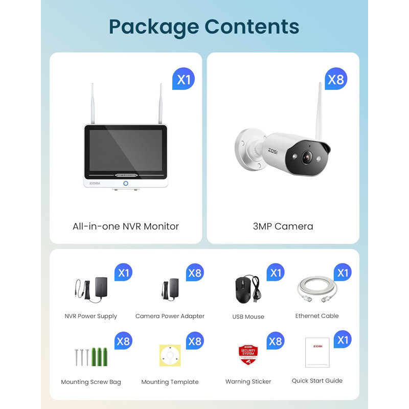 8CH 3MP WIFI Security Camera System w/ Monitor&2TB HDD, 8pcs Outdoor Spotlight cameras, 2-Way Talk