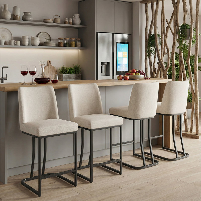 Upholstered Counter & Bar Stool With Backs, Beige