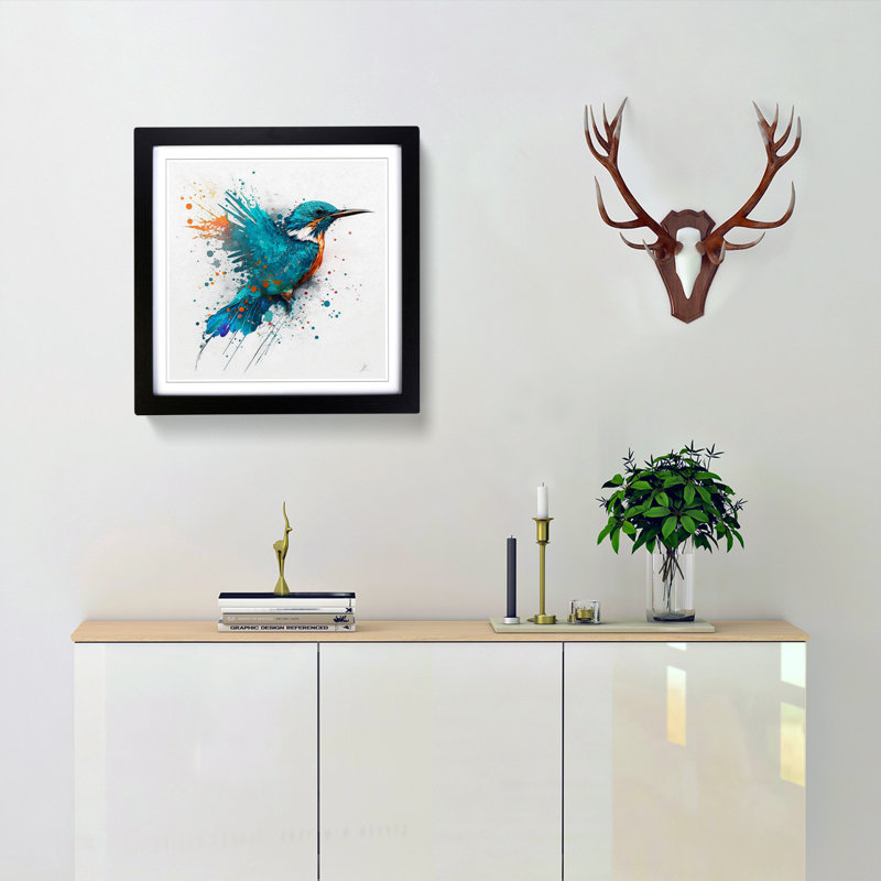 Kingfisher Splatter Art - Single Picture Frame Print on Wood, Black