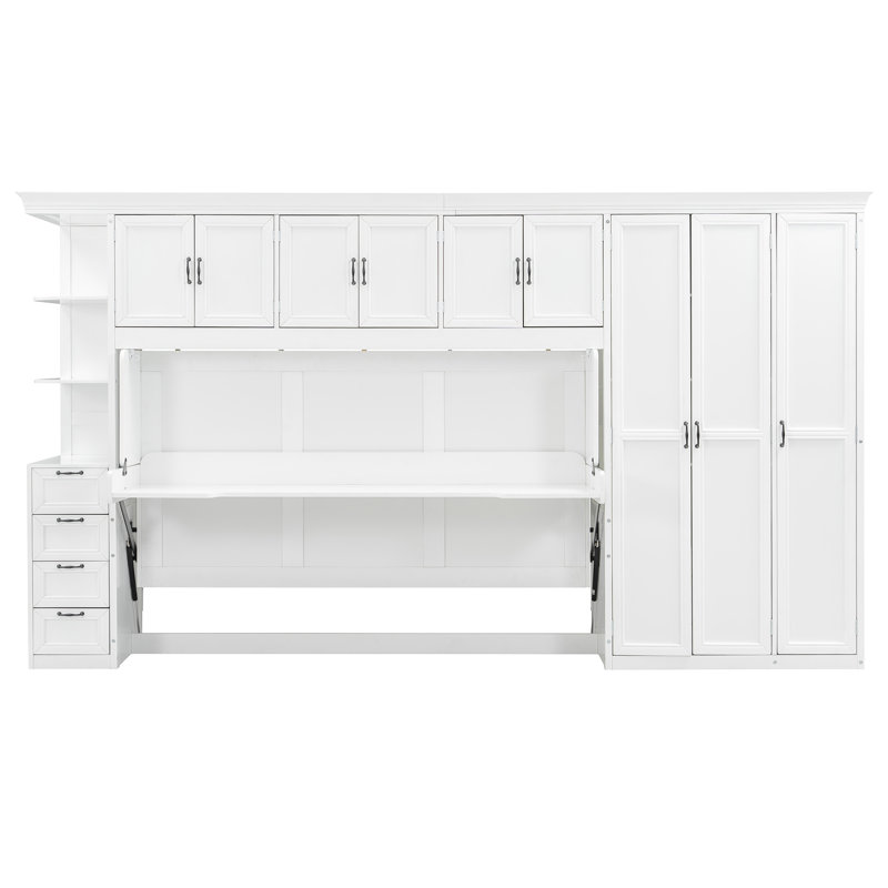 Lit simple escamotable mural avec bureau, armoire et armoire de rangement pour petits espaces, blanc, Blanc
