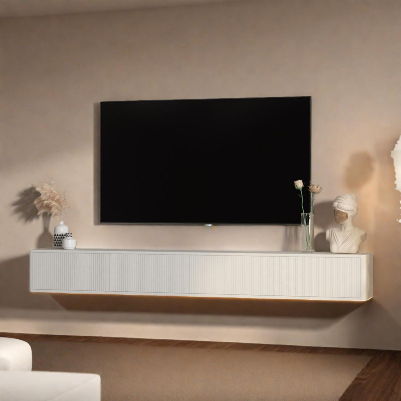 Meuble télé flottant avec lumières DEL et prise de courant, armoire ultrabrillante, Blanc