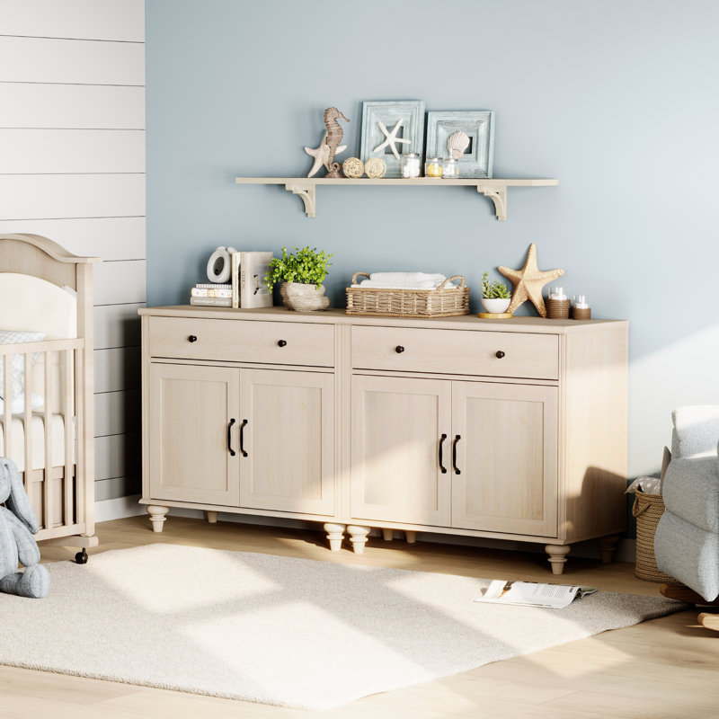 Farmhouse End Table With 2 Drawers, 67.7''L×15.7''W×30.9''H, For Bedroom Or Living Room, Light Beige