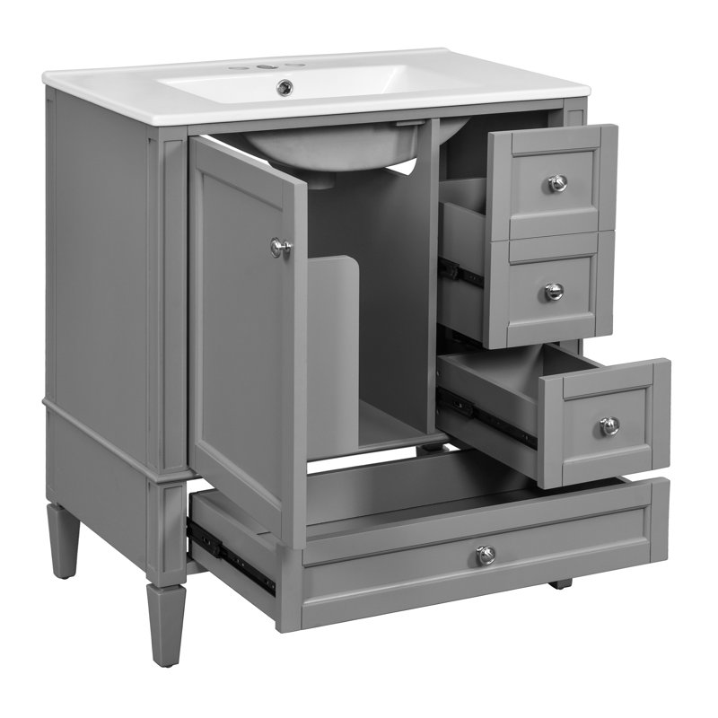Meuble-lavabo gris 30 po avec lavabo en céramique, armoire 3 tiroirs, structure et bois massif, comptoir à teinture, luminaire 30 po 3, quincaillerie en porcelaine