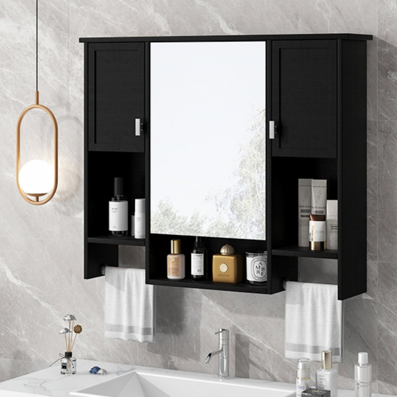 Armoire de rangement murale moderne 35 po x 28 po, armoire de salle de bain murale avec miroir, armoire à pharmacie avec barre à serviettes