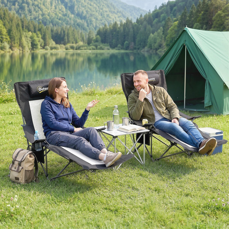 Outsunny Set of 2 Reclining Folding Camping Chair Adjustable Backrest Black