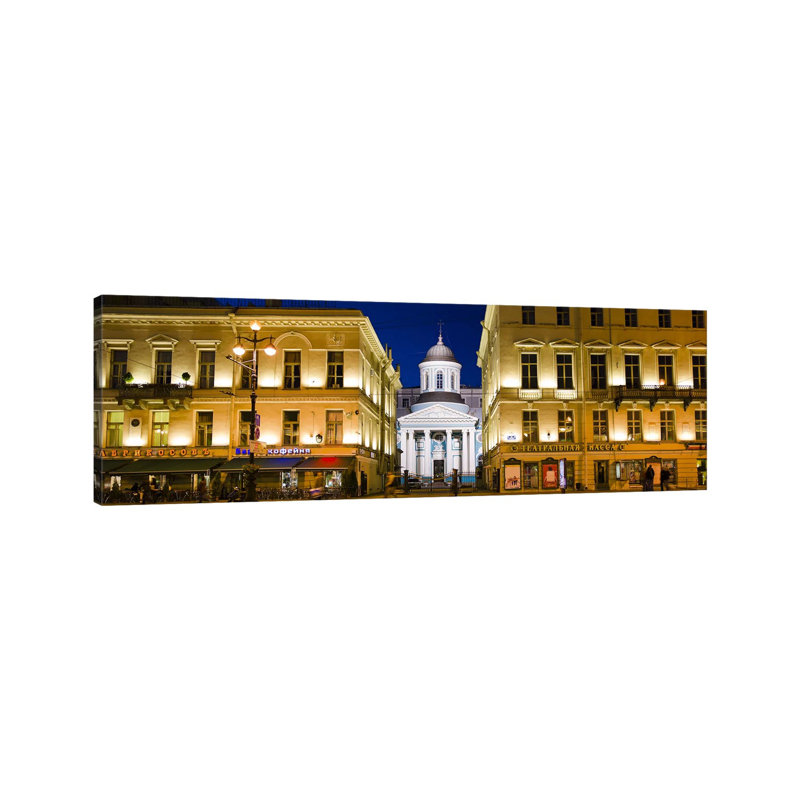 Buildings In A City Lit Up At Night, Nevskiy Prospekt, St. Petersburg, Russia - Wrapped Canvas Panoramic Print