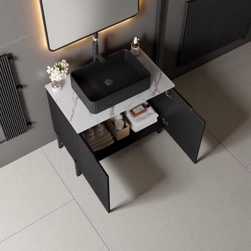 Meuble-lavabo autoportant de 30 po avec lavabo, lavabo en céramique noire et comptoir blanc Carrara