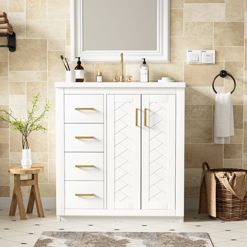 Ensemble de meuble-lavabo autoportant avec lavabo en céramique, Blanc