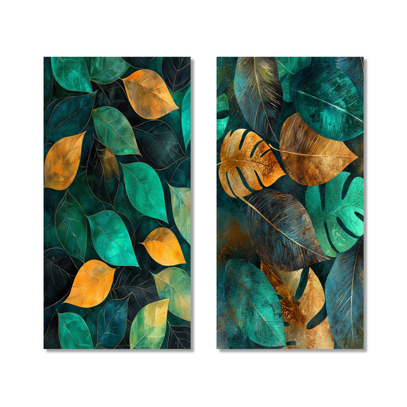 Vert et orange éthéré sérénade de feuilles I - ensemble d'art mural floral de 2, H 32 po x l 32 po, Toile tendue