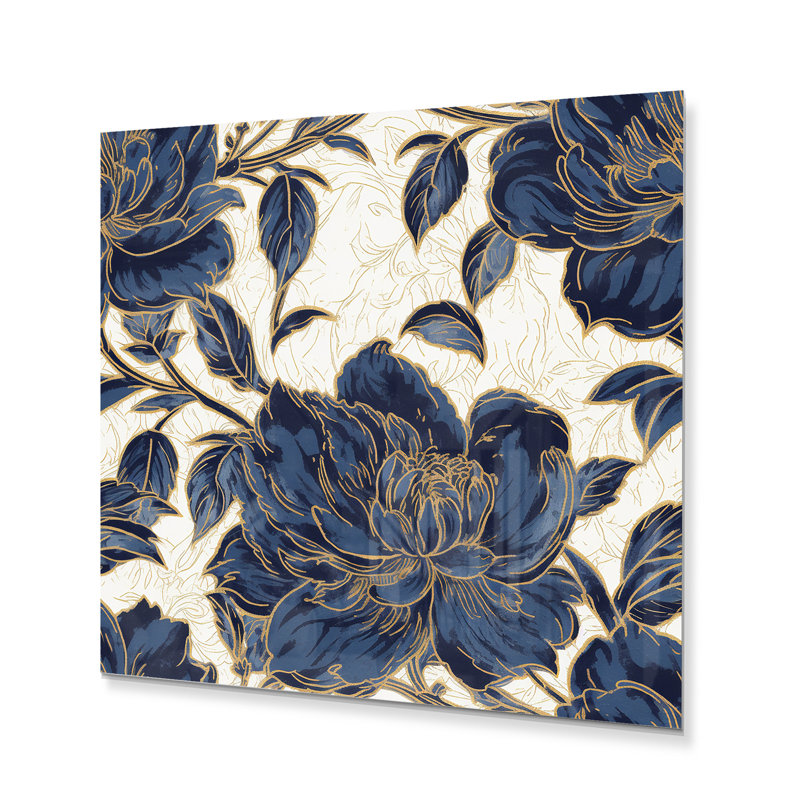 Blue Gold Peony Symphony IV sur impression métallique, H 23 po x l 23 po x P 1 po