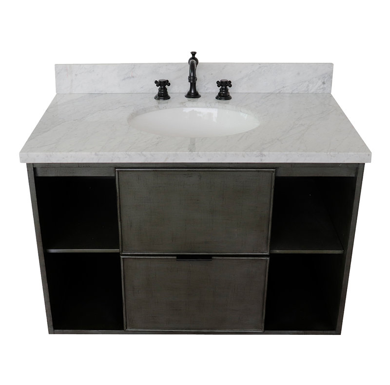 Meuble-lavabo mural simple 37 po, Marbre de Carrare blanc