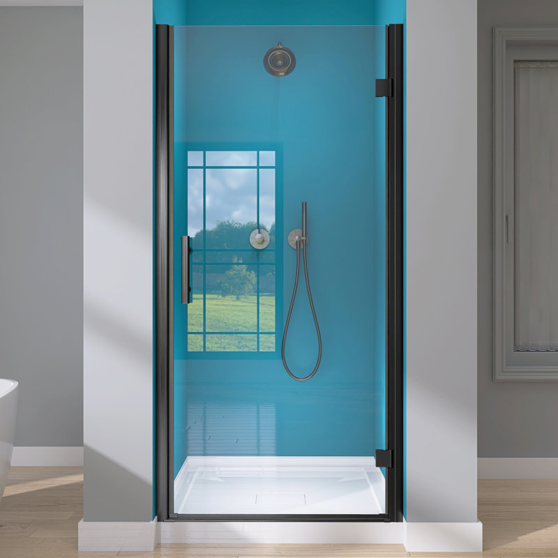 Porte de salle de bain pivotante à panneau pivotant sans cadre 36 "- 37 1/4" x H 72 "avec poignée en verre trempé, Noir mat