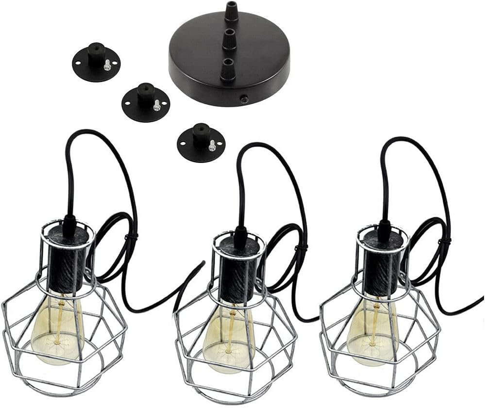 Pendant Light with 2m Adjustable Cable, Vintage Industrial 15cm Brushed Silver Metal Shade Ceiling Hanging Lamp Fixture for Living Room, Bedroom, Kitc