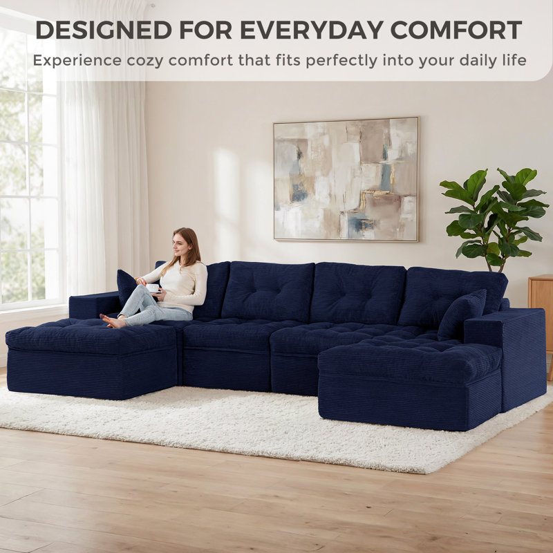 Boneless Corduroy Cloud Modular Couch,4-in-1 Flexible Combination Sectional Sofa, Dark Green, 21" H x 130" W x 66.5" D