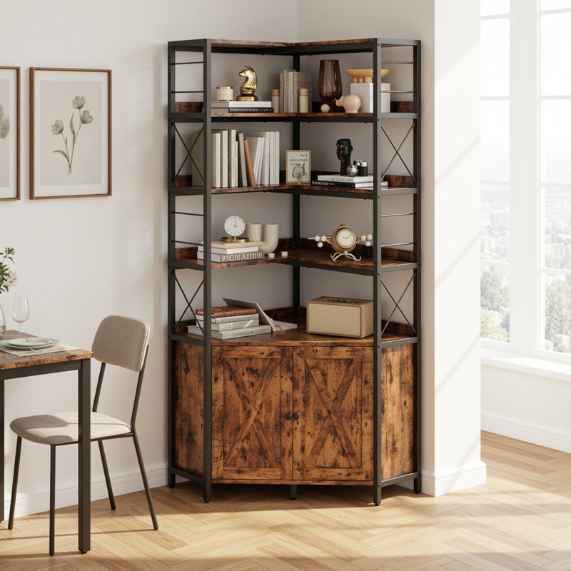 78.1"H 6 Tiers Bookshelf With Cabinet And Doors，Bookcase With Baffles And Anti-Tipping Device, Corner Shelf For Living Room, Kitchen