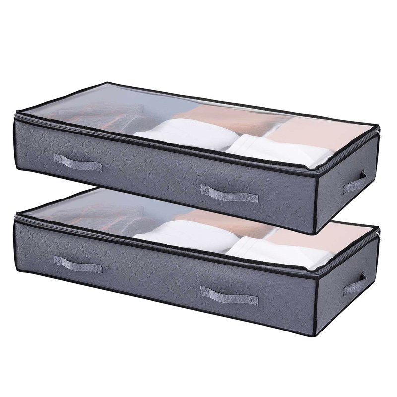 Lot de 2 boîtes de rangement empilables de 90 litres à placer sous le lit, avec couvercle transparent, pour livres, vêtements et plus encore. Tissu non tissé inodore, pliable et peu encombrante. Panneau transparent, gris foncé, profondeur 27,2 cm, largeur 25,5 cm.