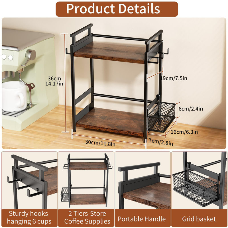 2 Tier Coffee Bar Organizer For Home Office, Spice Rack For Countertop, Kitchen Counter Storage Shelf With Hanging Basket, Coffee And Tea Condiment Station Organizer