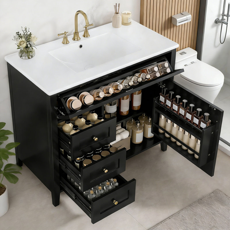 Bathroom Vanity with Sink, 3 Drawers and Adjustable Shelf, Black