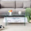 Table basse moderne à deux niveaux de 43,3 pouces - verre trempé transparent et texture de marbre, design de rangement multifonctionnel. L'étage inférieur comprend un tiroir. Peut être utilisé comme table basse, table d'appoint, etc.-800775048