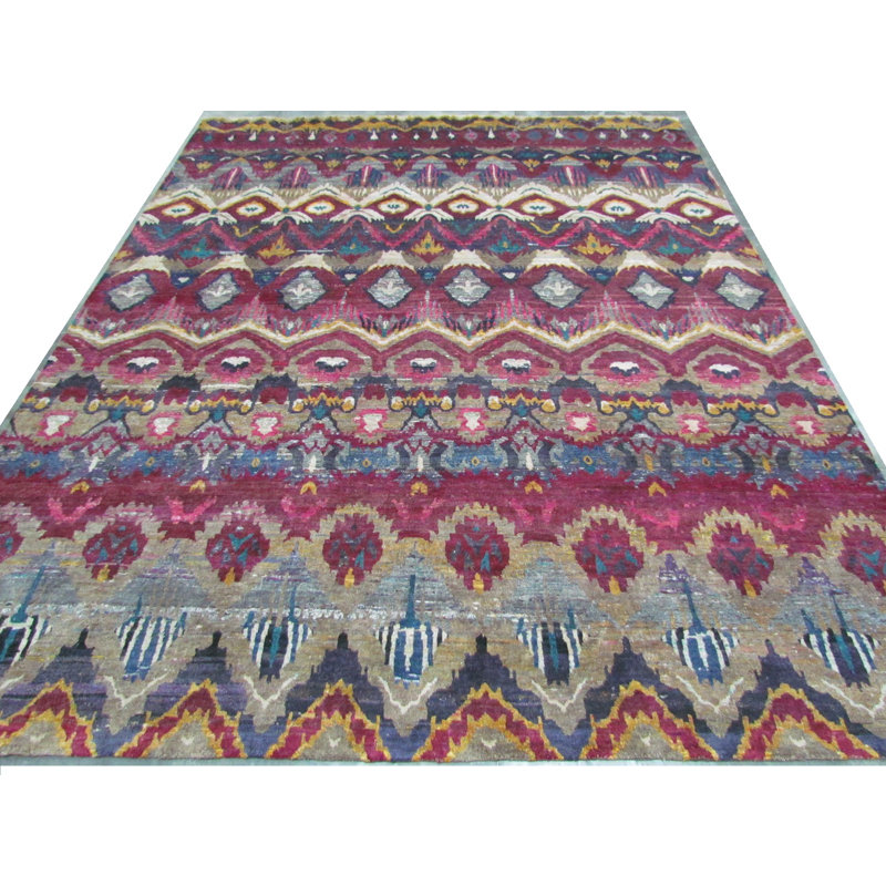 Rumi Ikat Hand Knotted Silk Garden Area Rug, Rectangle 5'2" x 9'6"