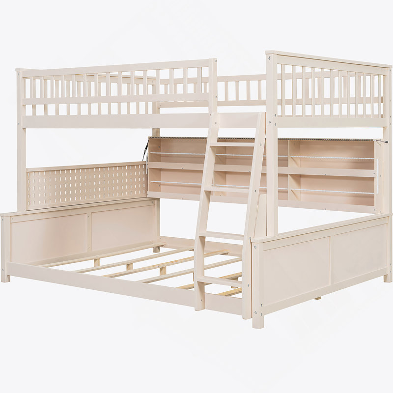 Lit superposé convertible au-dessus de très grand lit double avec tablettes intégrées et lumières multicolores, Beige