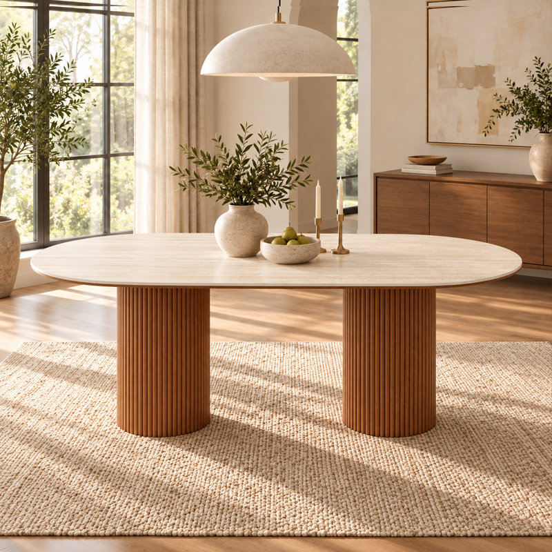 Table de salle à manger ovale moderne avec dessus en pierre et piètement en bois massif, idéale pour la cuisine et la salle à manger. Table rectangulaire pour 6 personnes.