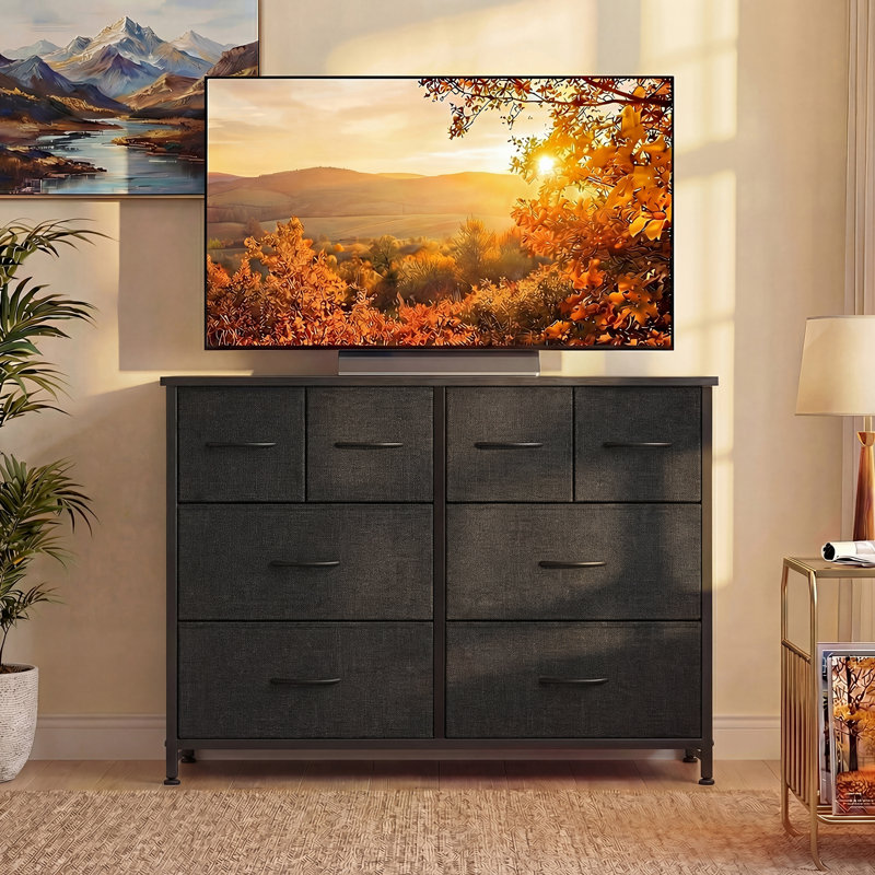 8-Drawer Fabric Dresser, 30"H Storage Chest with Wood Top, Black