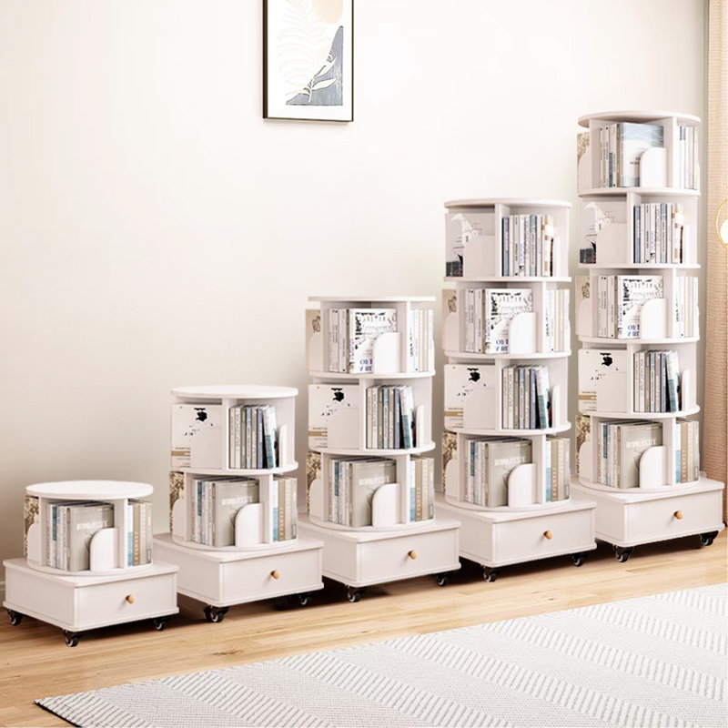 White Floor Standing 6 Tier 360 Degree Rotating Drawer Corner Bookshelf, Wood Narrow Book Shelf Organizer For Bedroom Corners Small Dorm Spaces
