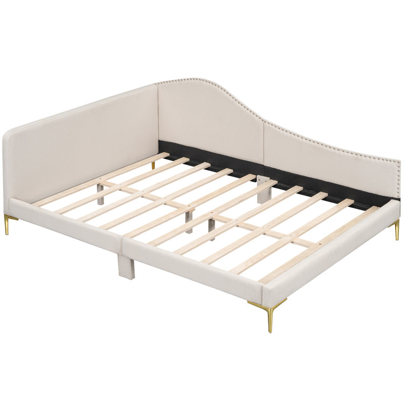 Lit de jour rembourré pleine grandeur beige - Conception avec accoudoirs et tête de lit avec tête de lit, système de pieds robustes de style moderne