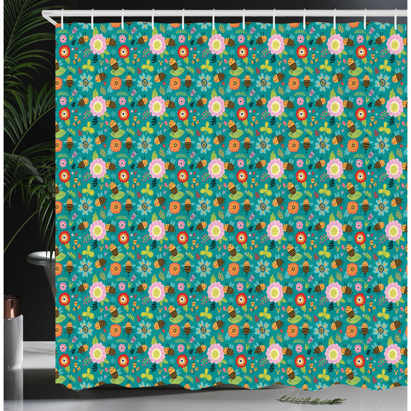 Dakota Fields Bee Shower Curtain Smiling Funny Bees Doodle Multicolor, 75"H x 69"W