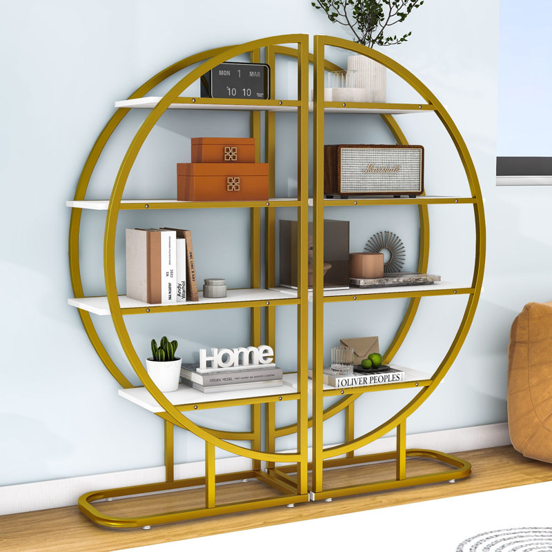 Alsobrook 4 Tiers Round Open Bookshelf with Metal Frame for Office