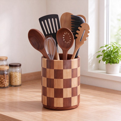 Porte-ustensiles rotatif en bois à carreaux pour comptoir de cuisine, pot à spatules pour rangement de comptoir